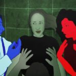 three animated figures, with a blue man on left and a red woman at right