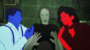 three animated figures, with a blue man on left and a red woman at right