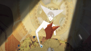 a stylized drawing of an opera singer in a mask and headdress