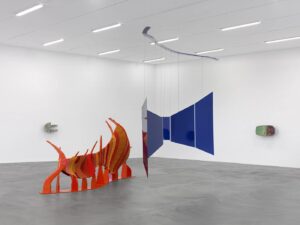 Installation view of Liz Larner's sculptural works in the exhibition below above