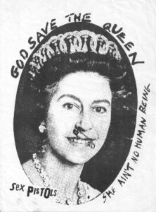 Sex Pistols sticker with Queen Elizabeth and safety pin through her lip.