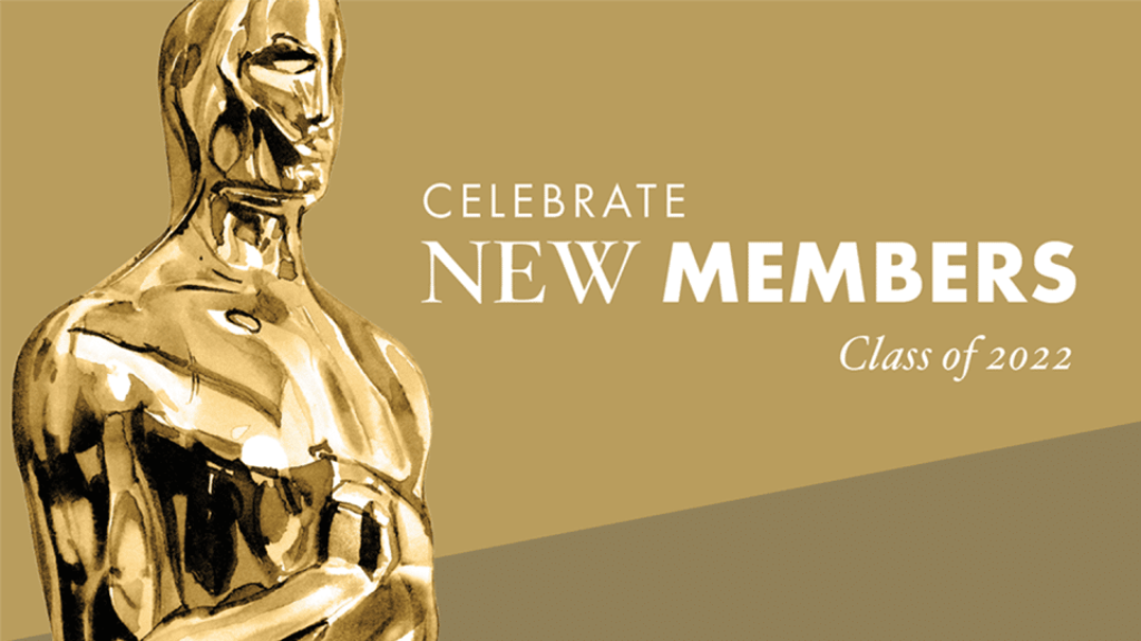 Close-up shot of Oscar statuette against a gold background with white text "Celebrate New Members, Class of 2022"