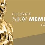 Close-up shot of Oscar statuette against a gold background with white text "Celebrate New Members, Class of 2022"