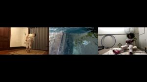 Photo: Rectangular film still from Ritual. On the left, a dancer and white bends side. In the middle a screen of aqua water. On the right a dancer with arms folded and legs out in a low chair.