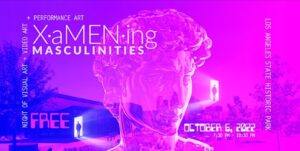 Pink poster with Greek sculpture for 'X-aMEN-ing Masculinities'