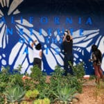 Three people paint butterfly wings on Blue Wall.