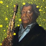 Portrait painting of Anthony Braxton overlayed with yellow paint dots