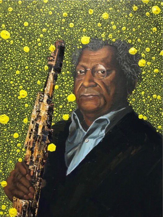 Portrait painting of Anthony Braxton overlayed with yellow paint dots