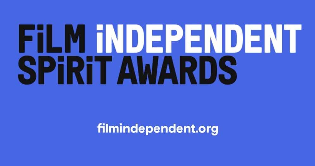 Film Independent Spirit Awards blue graphic with white and black text with website URL at bottom