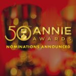 50th Annie Awards logo over blurred image of trophy against red wall