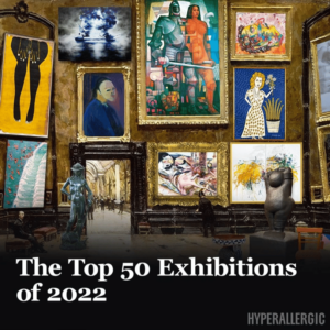 Large framed artworks and sculptures in a gallery