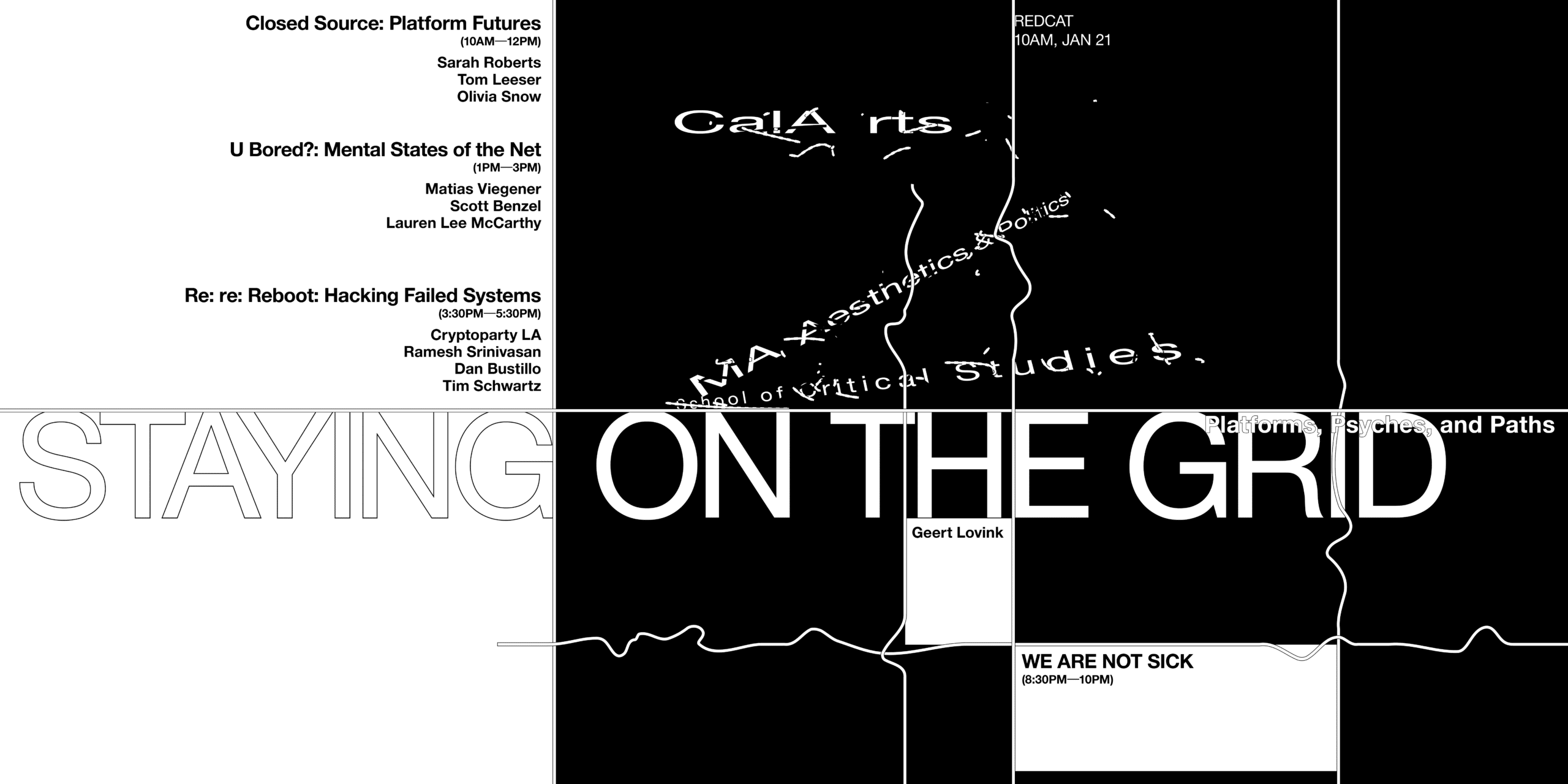 Black and white graphic poster for Staying on the Grid
