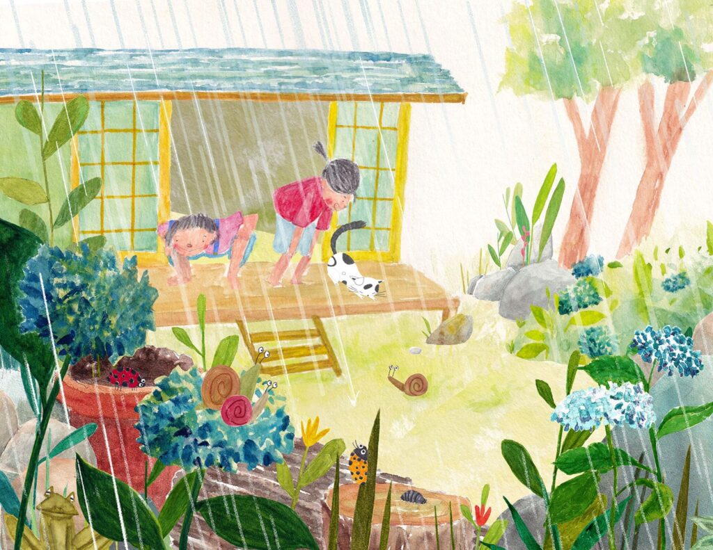 Illustration of children crouching to look at animals from porch on a rainy day