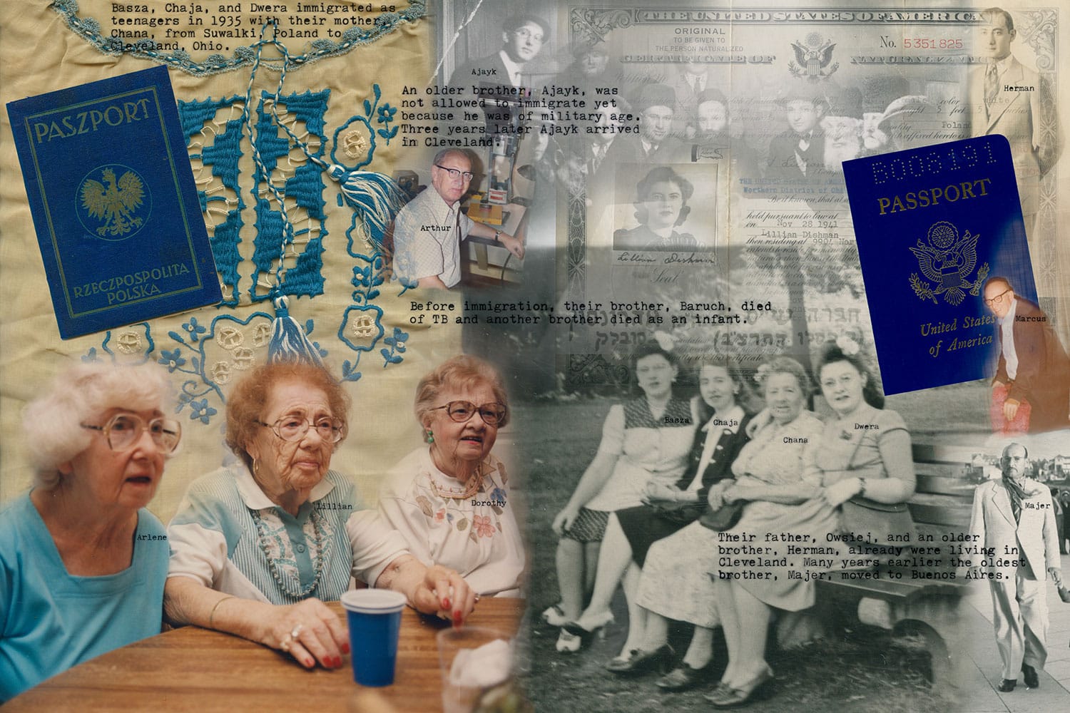 Collage including archival images, embroidery, and US passports