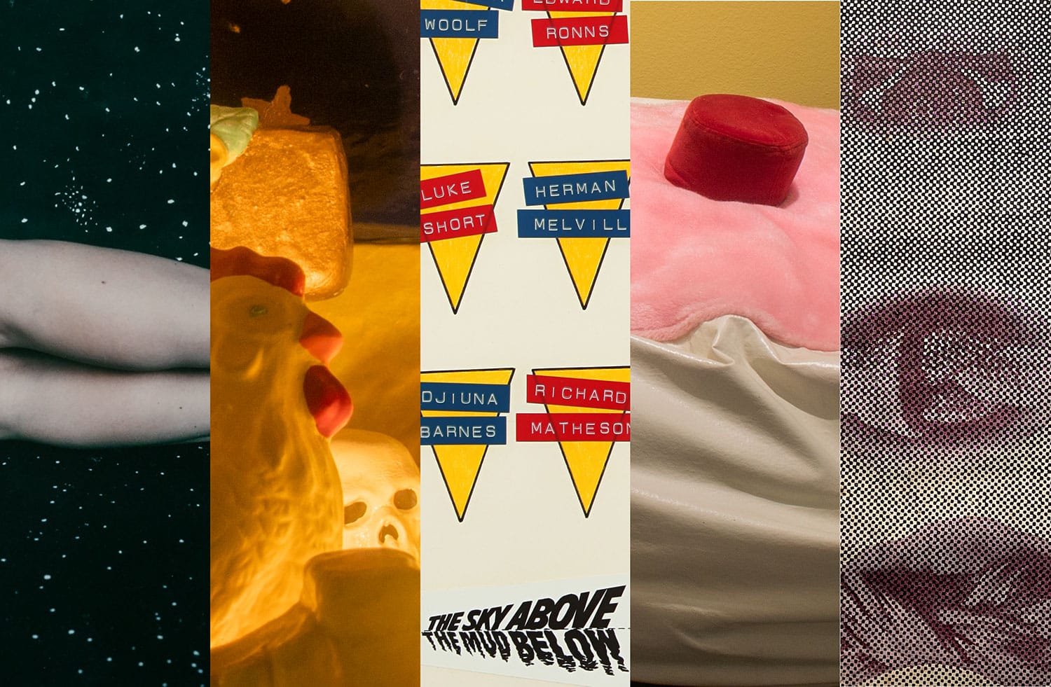 Five-panel collage of participating artists' work, including photography and graphic design