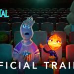 Trailer still of animated fire character and water character sitting next to each other in darkened movie theater while eating popcorn