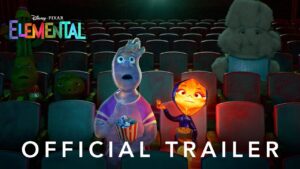Trailer still of animated fire character and water character sitting next to each other in darkened movie theater while eating popcorn