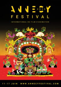 Illustrated poster for Annecy Festival 2023 featuring colorful Mexican Day of the Dead motif