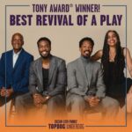 Text 'Tony Award Winner: Best Revival of a Play' over image of three men and one woman (far right) smiling