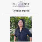 Full Stop magazine logo above text 'Christine Imperial by Sarah Sophia Yanni' and photo of Christine Imperial in dark button-up shirt in front of fruit tree