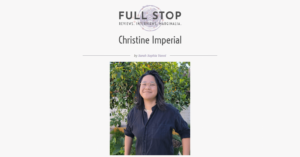 Full Stop magazine logo above text 'Christine Imperial by Sarah Sophia Yanni' and photo of Christine Imperial in dark button-up shirt in front of fruit tree