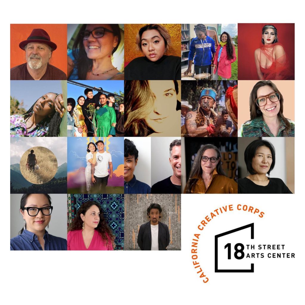 Collage of various artist portrait with 18th Street Arts Center logo surrounded by "California Creative Corps" in lower right corner