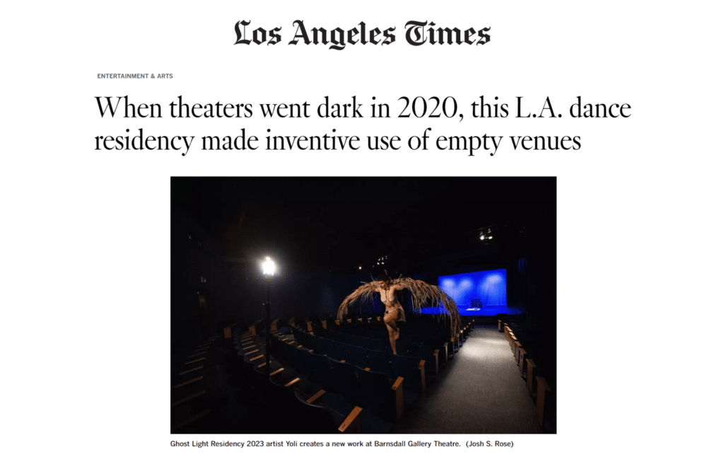 LA Times logo above headline 'When theatrs went dark in 2020, this LA dance residency made inventive use of empty venues' above photo of winged dancer soaring over empty theater seats