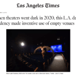 LA Times logo above headline 'When theatrs went dark in 2020, this LA dance residency made inventive use of empty venues' above photo of winged dancer soaring over empty theater seats