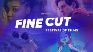 Purple-toned collage of film stills with white text "KCET original Fine Cut Festival of Films" over top