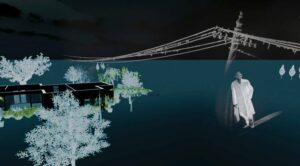 Dark collage landscape of man leaning on telephone pole and a building surrounded by trees.