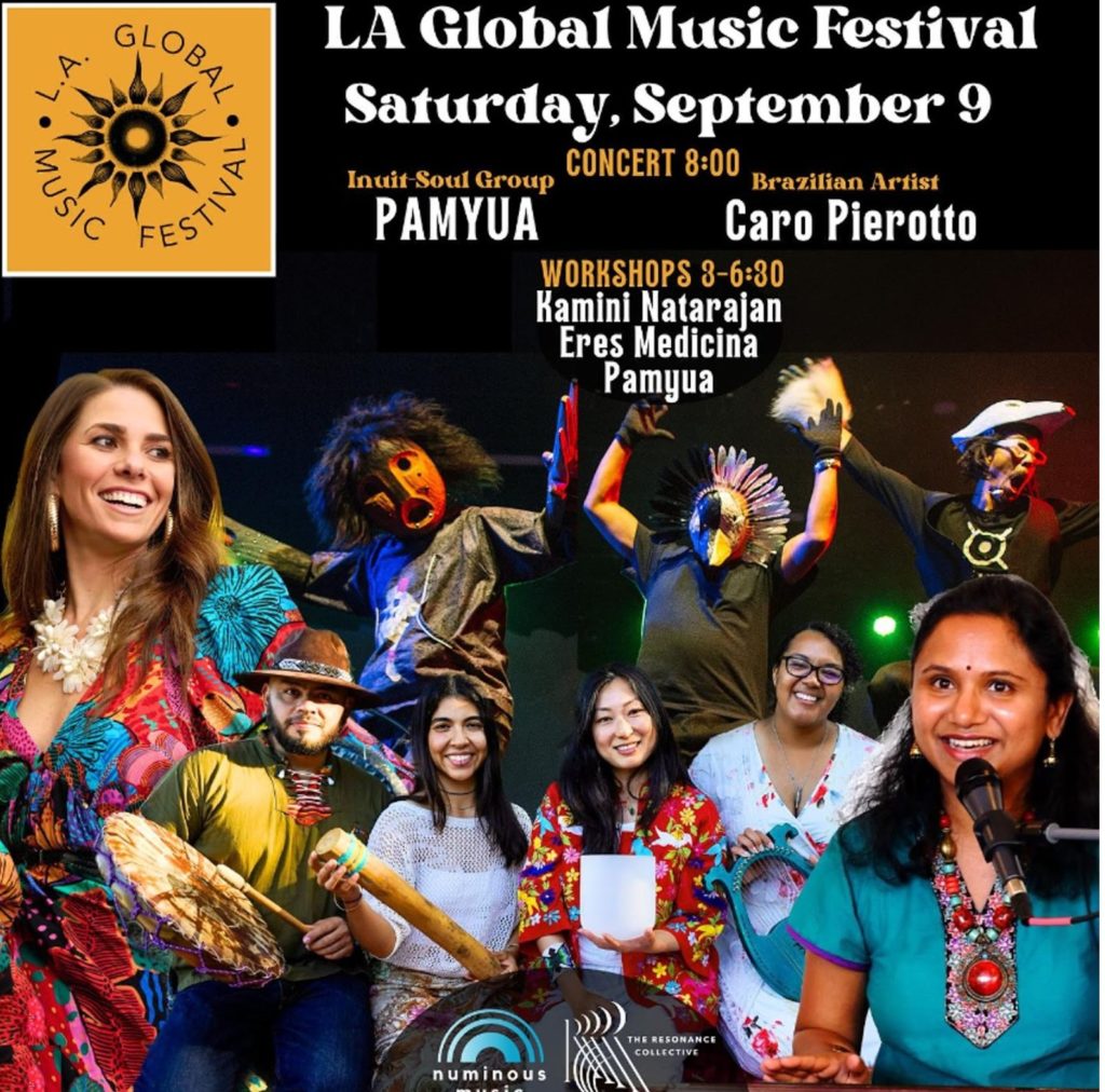 LA Global Music Festival with a number of people in cultural attire in a collage.