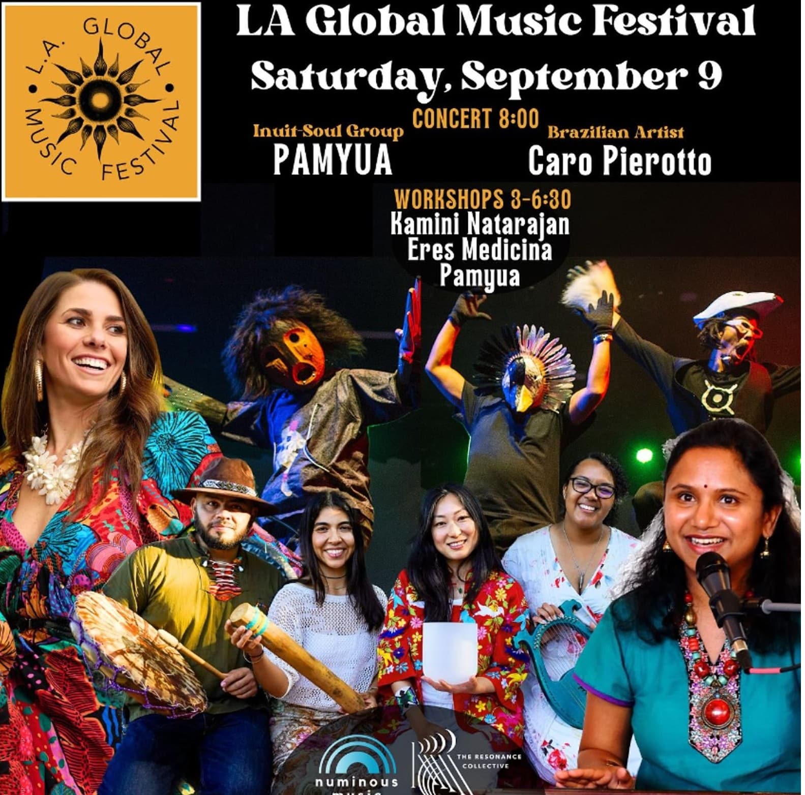 LA Global Music Festival with a number of people in cultural attire in a collage.