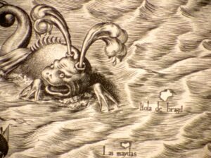 Cartographic illustration of large sea serpent approaching small land masses marked 'Hola de Brazil' and 'Las maydas'