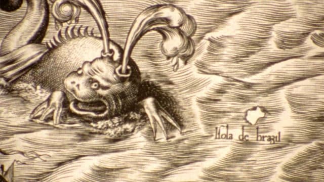 Cartographic illustration of large sea serpent approaching small land masses marked 'Hola de Brazil' and 'Las maydas'