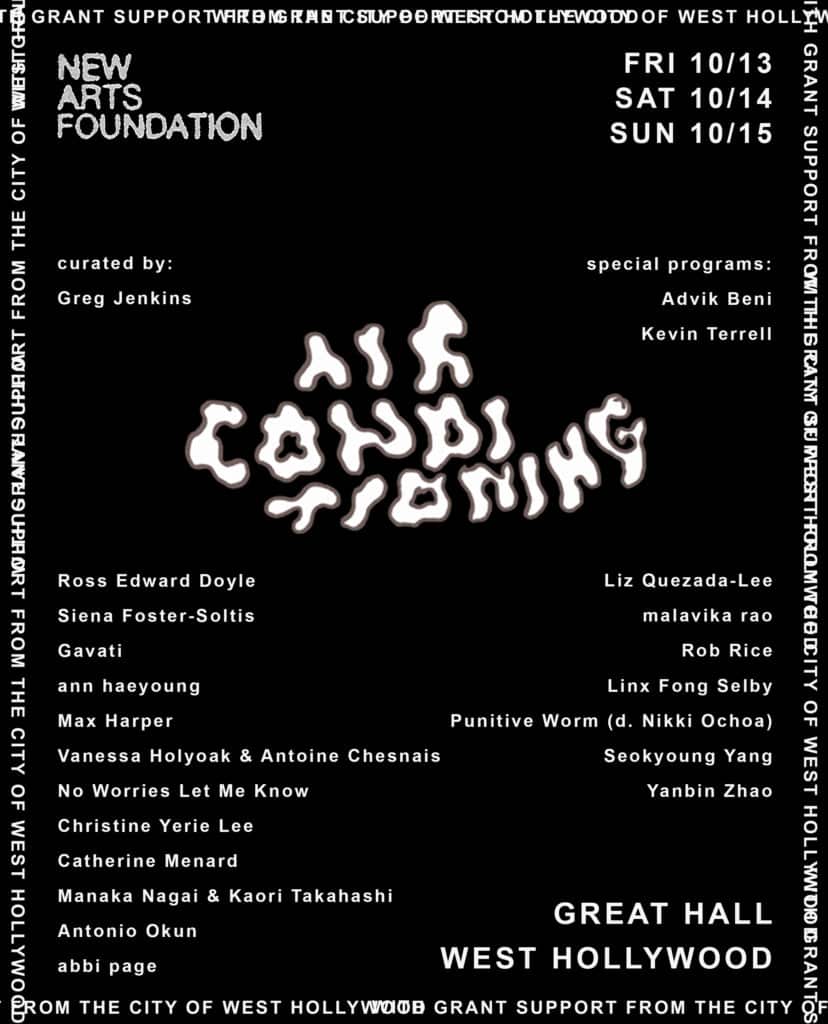 Black poster with white text 'Air Conditioning' in squiggly cloud-like typeface, plus date, location, and names of participating artists