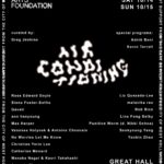 Black poster with white text 'Air Conditioning' in squiggly cloud-like typeface, plus date, location, and names of participating artists