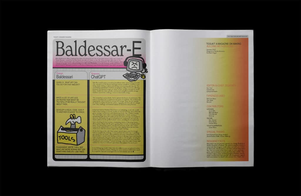A magazine page of the article “Baldessar-E” written by Kari Trail.