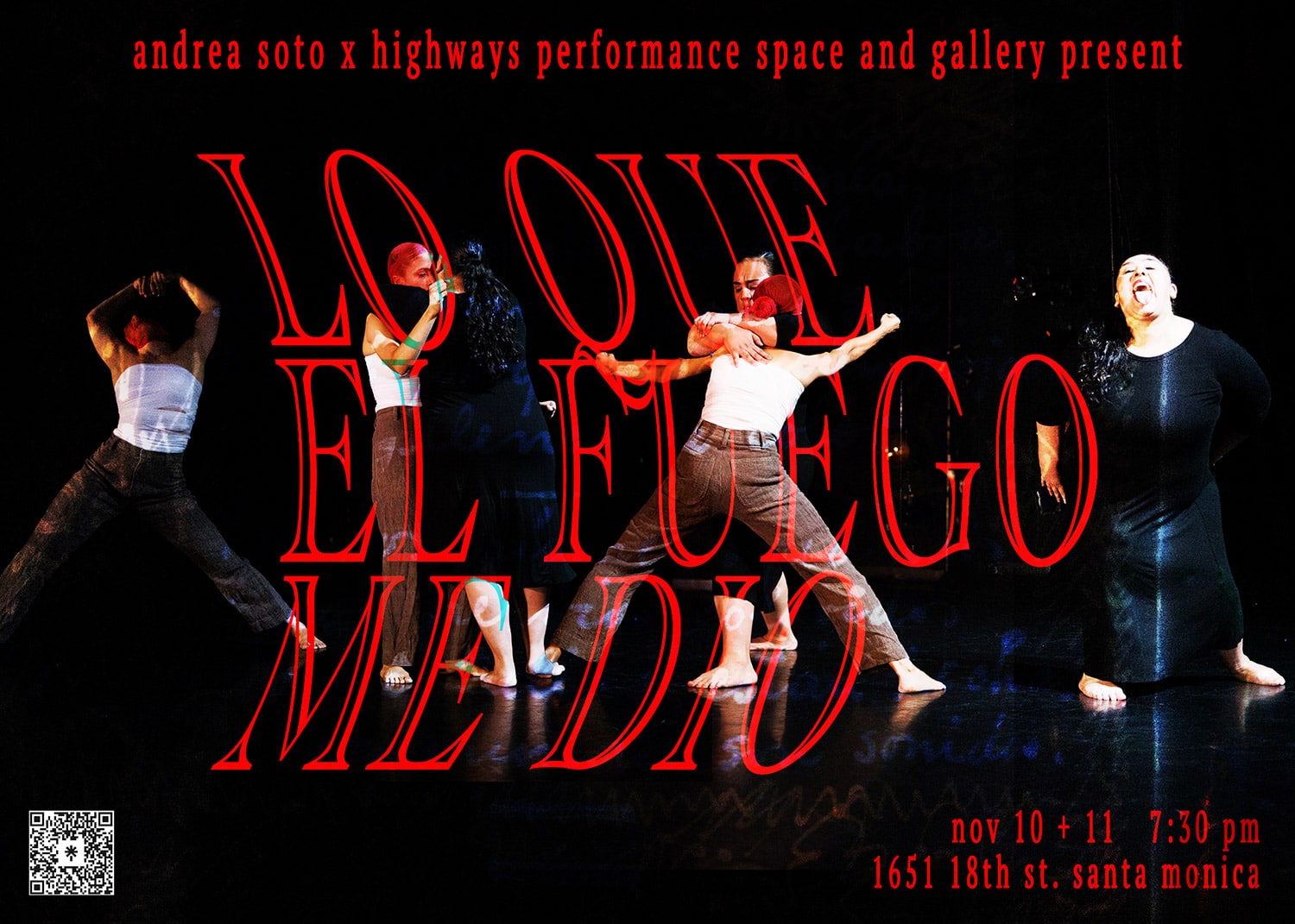 Poster for Andrea Soto's Lo que el fuego me dio. Dancers are seen against a black backdrop with red text.