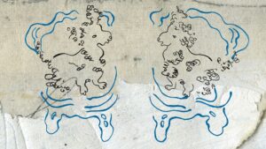 Film still of two poodle drawings seated on blue chairs on parchment background