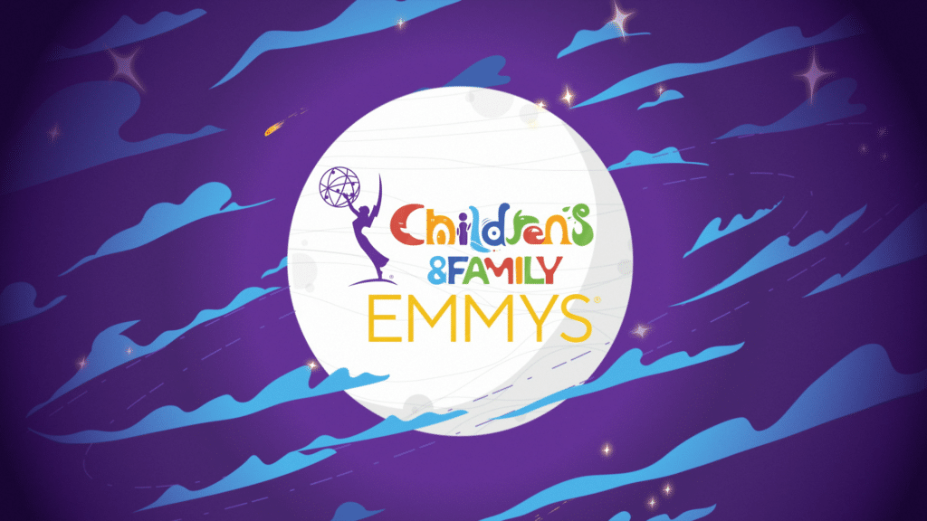 Children's and Family Emmys logo on illustrated moon against purple night sky with blue clouds and stars