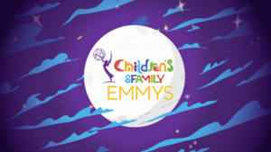 Children's and Family Emmys logo on illustrated moon against purple night sky with blue clouds and stars