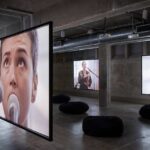 A film installation on display in a museum gallery.
