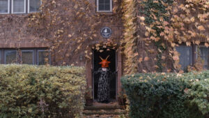 Still from Realm of Satan with a person in a devil mask seen in a doorway.