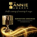 Annie Awards nominations poster with gold zoetrope trophy and gold text: 'Half a century of creativity and magic. Nominations announced'
