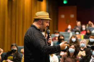 Jorge R. Gutiérrez presenting at the Bijou