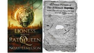 A composite image of Book cover of ‘The Lioness and the Rat Queen’ by Noah Lemelson alongside a map found inside the book.