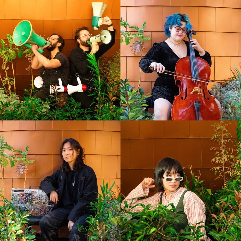 Square four-photo collage of students surrounded by plants performing instruments.