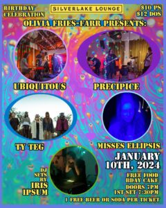 Multicolor poster with five circles showing acts Ubiquitous, Precipice, Ty Teg, Misses Ellipsis, and Iris Ipsum as well as event info