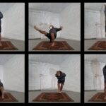 Three-by-two collage of Lionel Popkin striking different poses on a carpet
