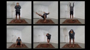 Three-by-two collage of Lionel Popkin striking different poses on a carpet